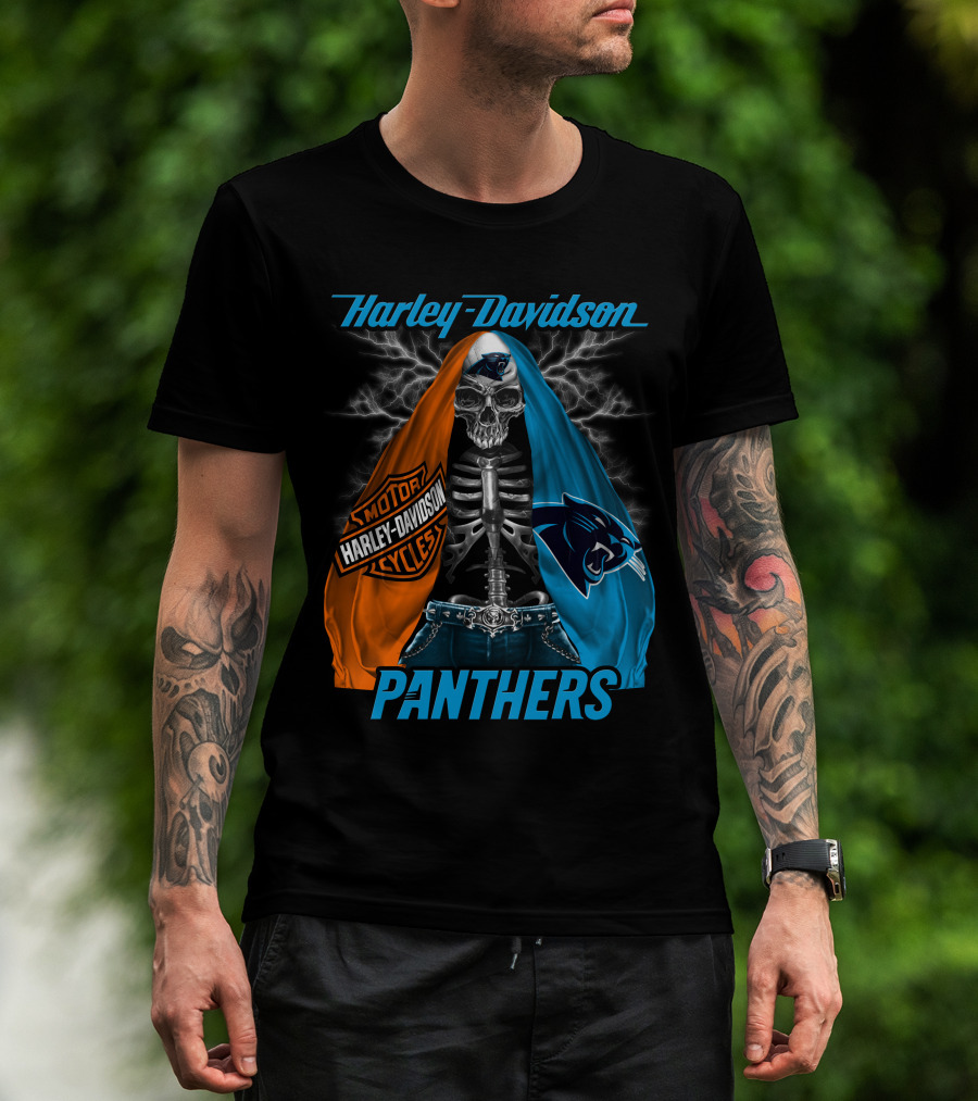 Harley Davidson Motorcycles Skeleton Carolina Panthers T-Shirt