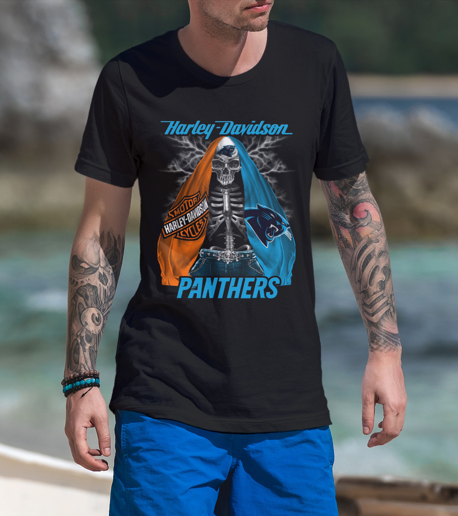 Harley Davidson Motorcycles Skeleton Carolina Panthers T-Shirt
