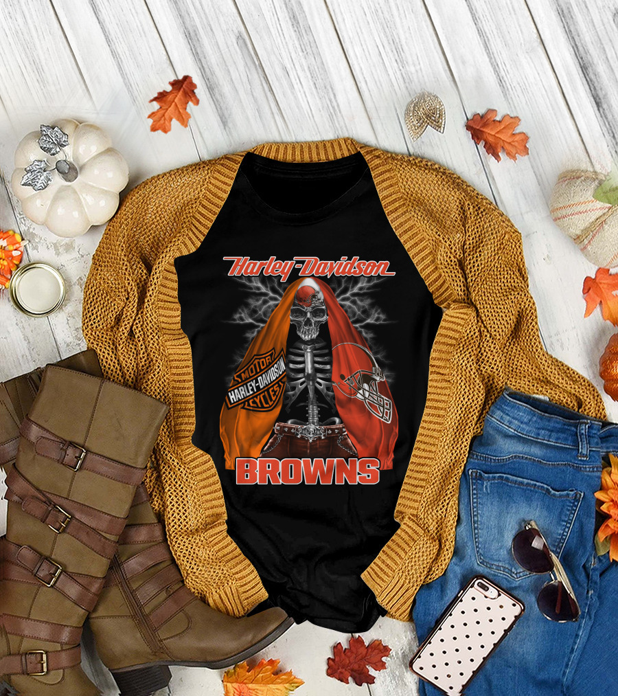 Harley Davidson Cleveland Browns Skull Motorcycle Helmet T-Shirt