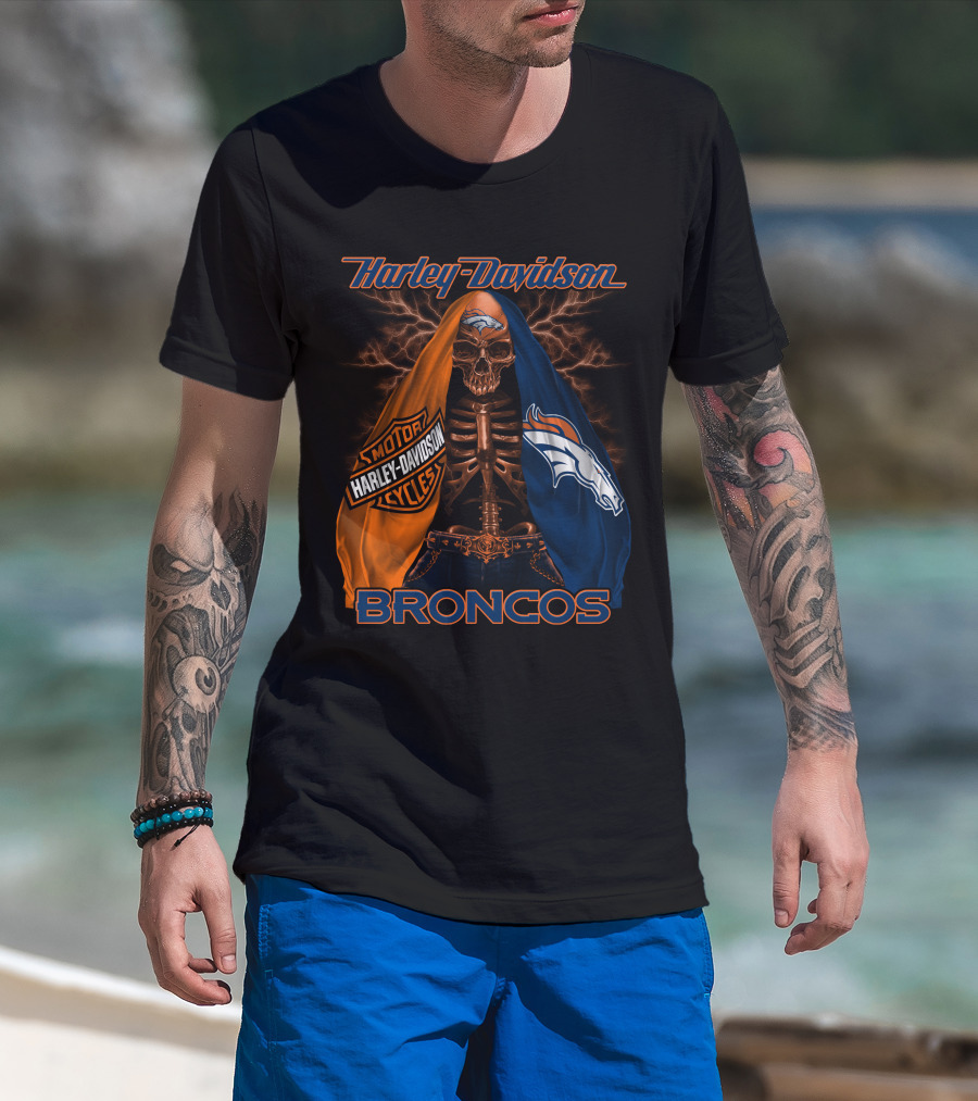 Harley Davidson Denver Broncos Skeleton Motorcycles T-Shirt