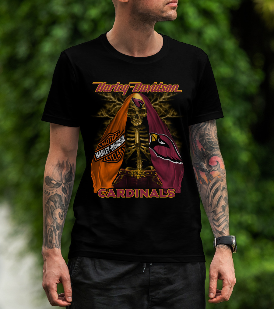 Harley Davidson Arizona Cardinals Skull And Skeleton With Logos T-Shirt