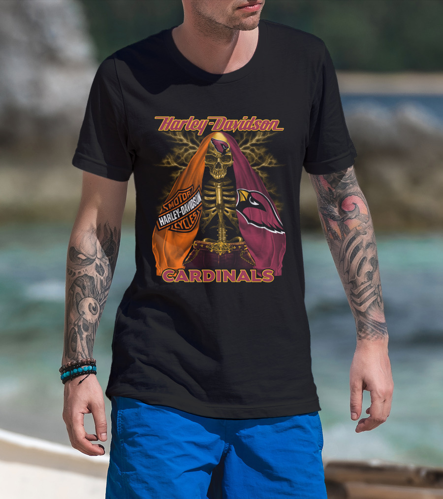 Harley Davidson Arizona Cardinals Skull And Skeleton With Logos T-Shirt