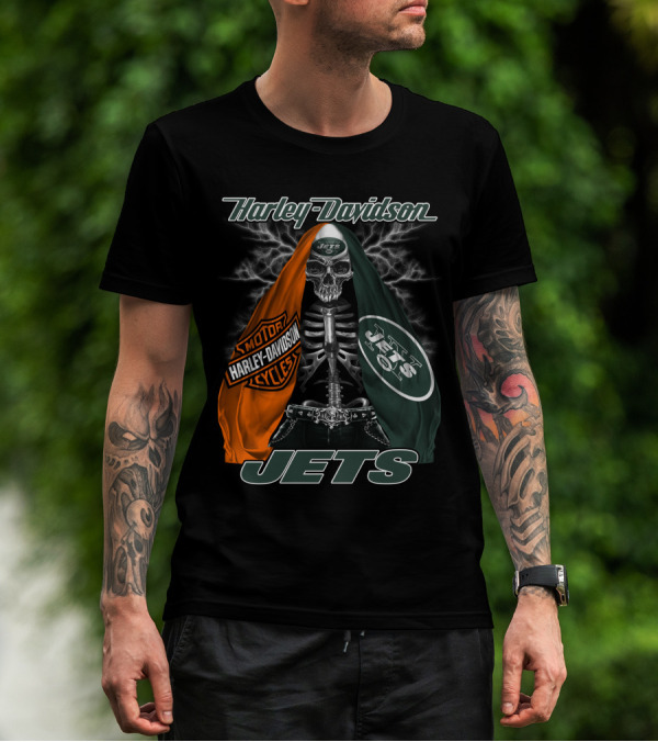Harley Davidson New York Jets Skeleton With Flag And Lightning T-Shirt