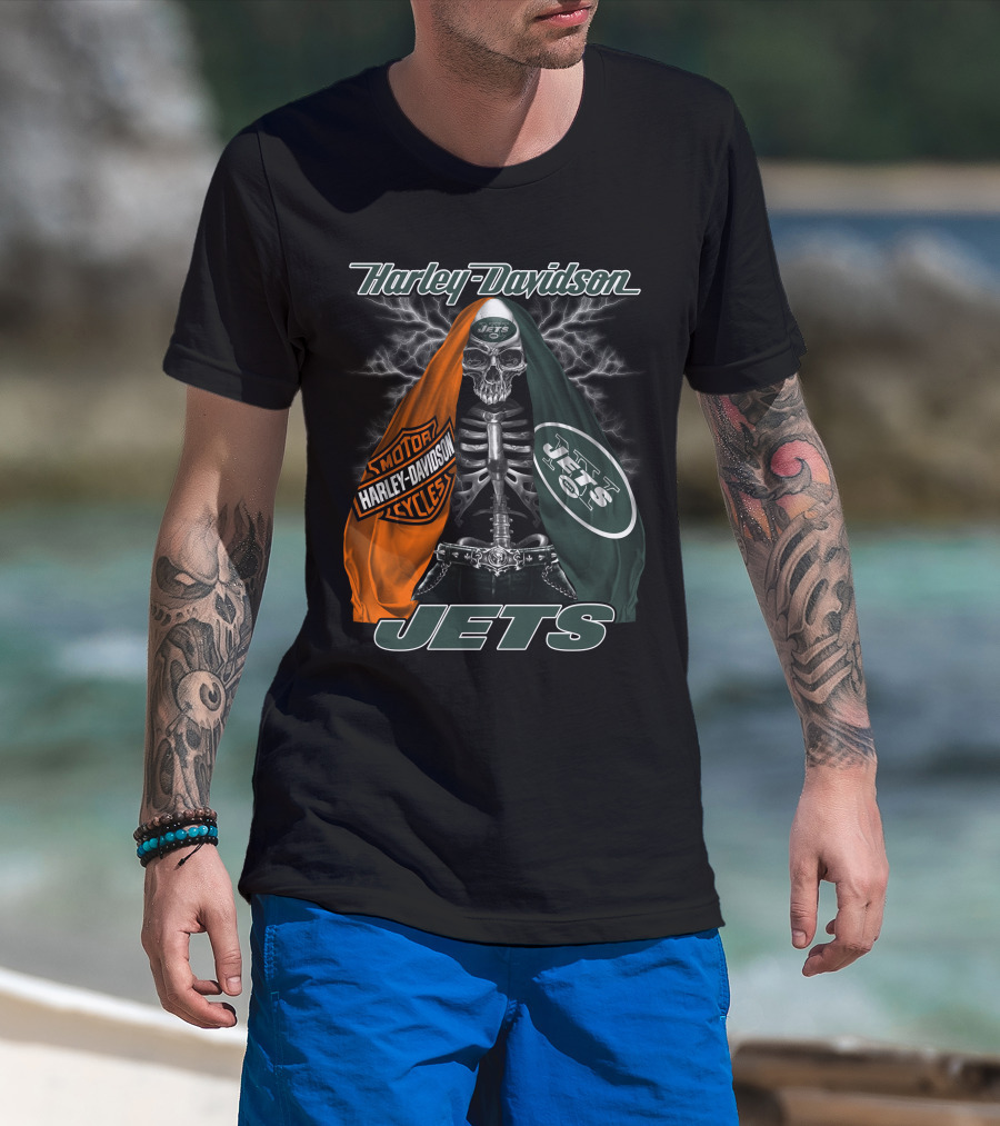 Harley Davidson New York Jets Skeleton With Flag And Lightning T-Shirt