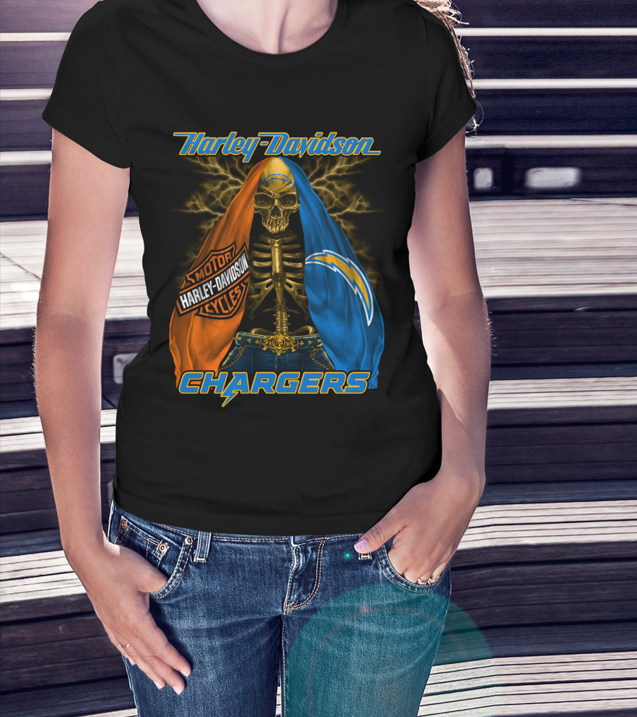 Harley Davidson Los Angeles Chargers Skeleton With Lightning Bolt And Motorcycle T-Shirt