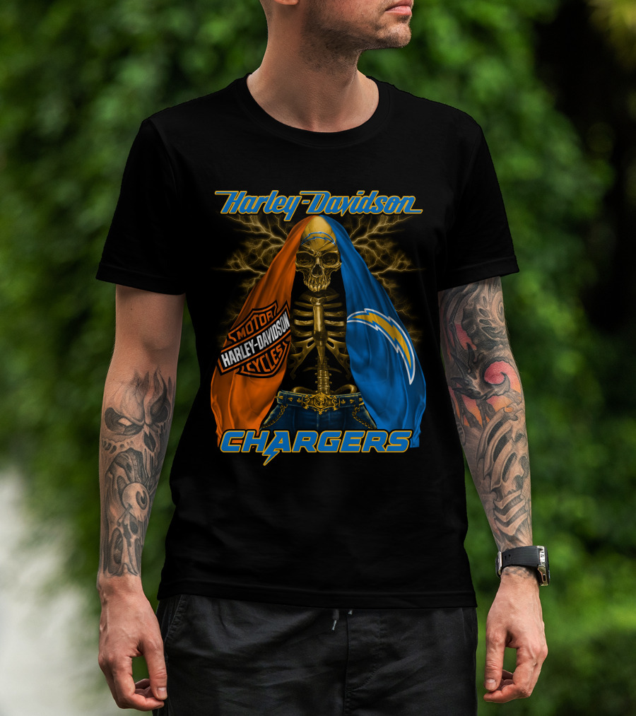 Harley Davidson Los Angeles Chargers Skeleton With Lightning Bolt And Motorcycle T-Shirt