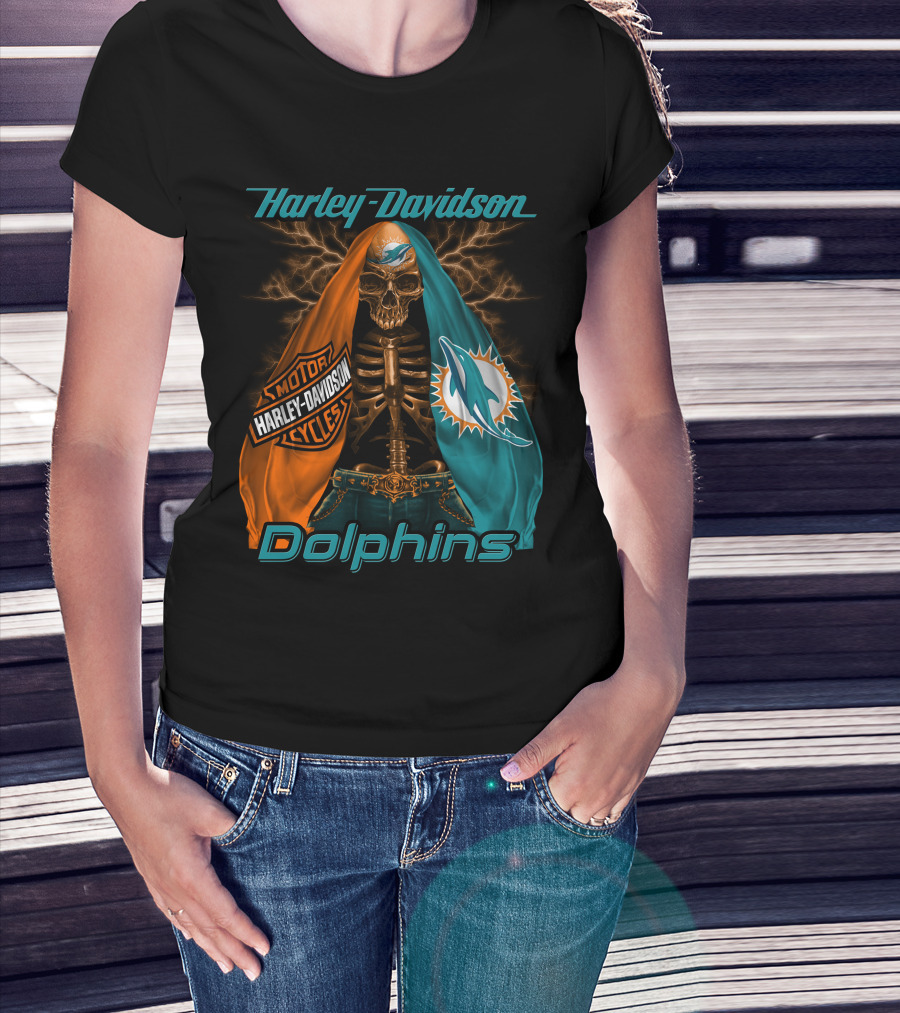 Harley Davidson Miami Dolphins Skeleton Motorcycles T-Shirt