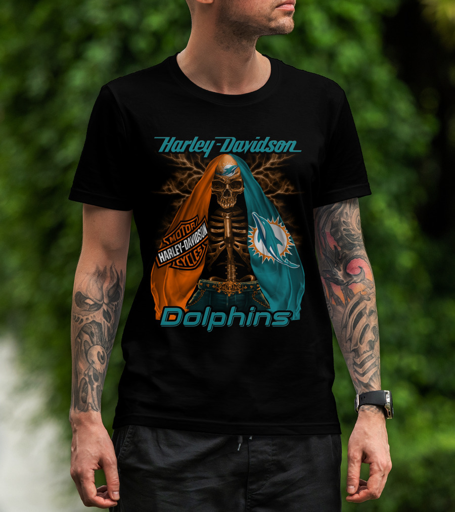 Harley Davidson Miami Dolphins Skeleton Motorcycles T-Shirt