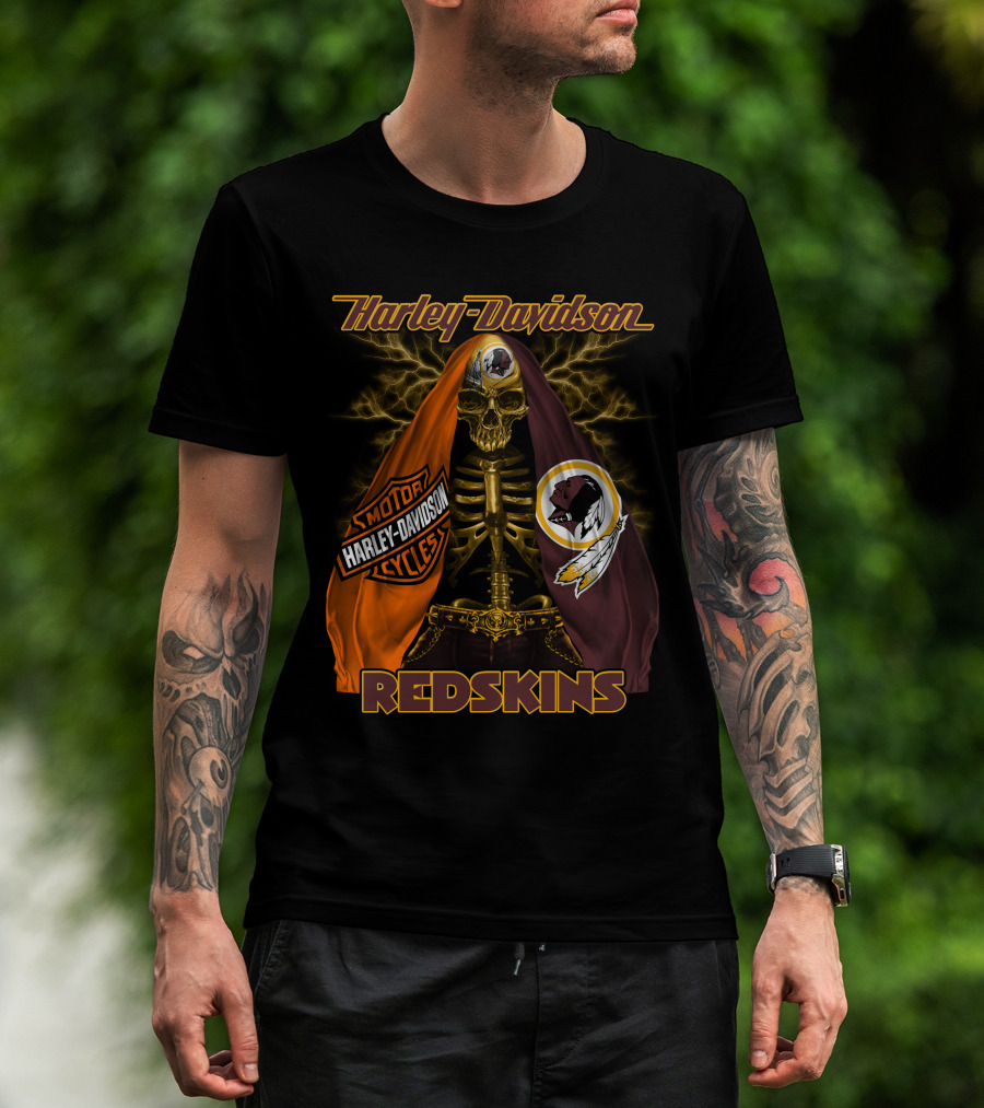 Harley Davidson Redskins Skeleton With Motorcycles And Team Emblems T-Shirt