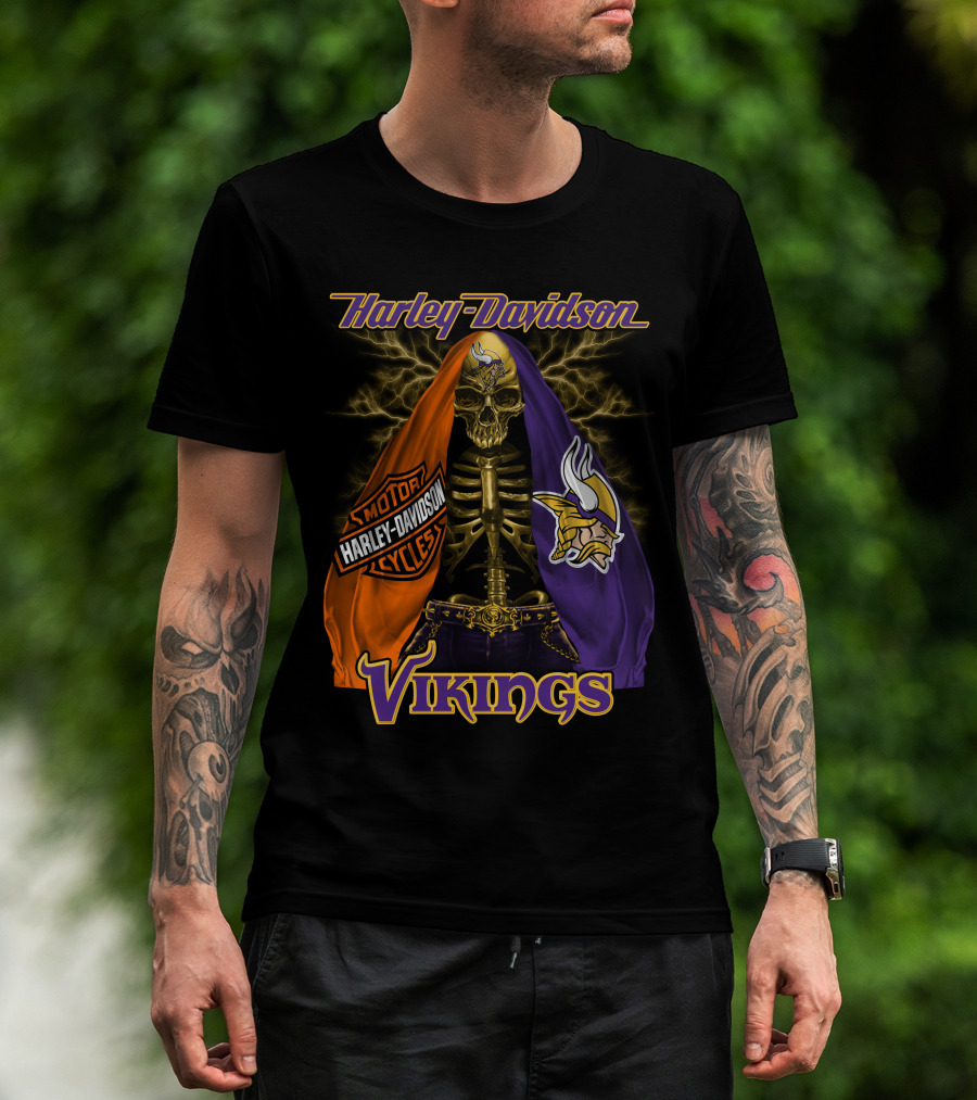 Harley Davidson Minnesota Vikings Motorcycle Skeleton T-Shirt