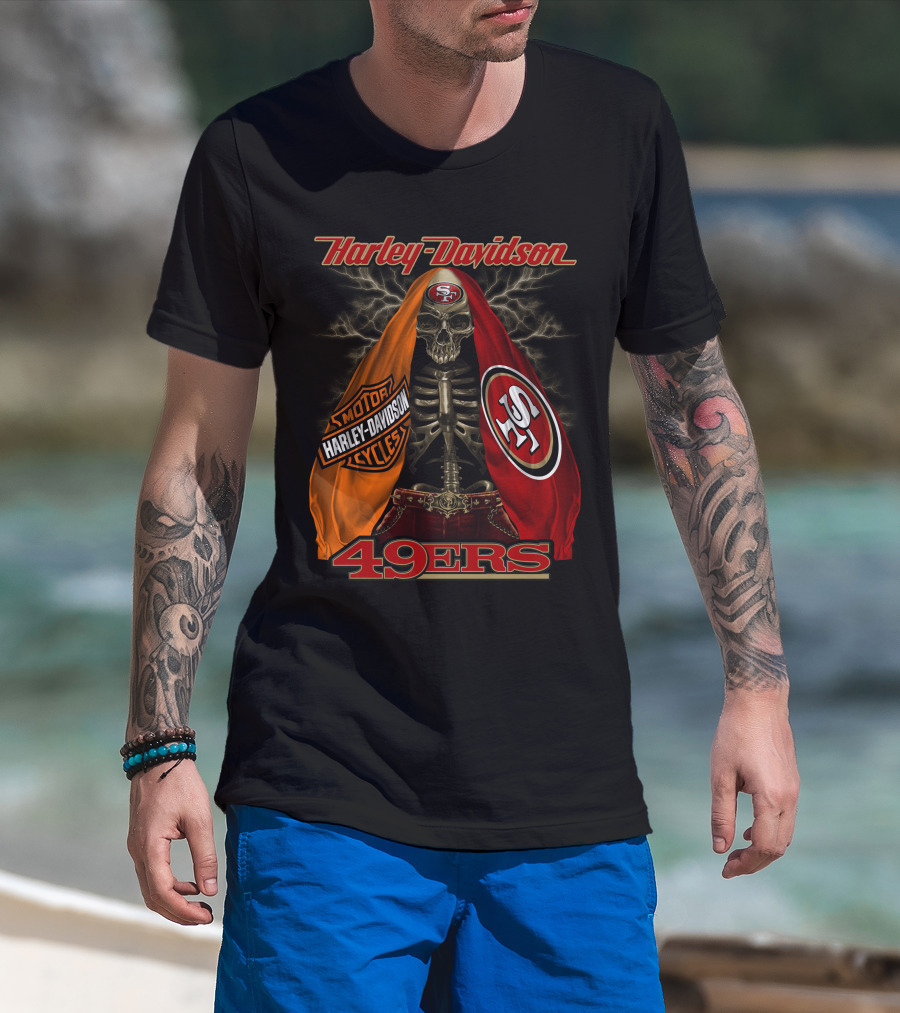 Harley Davidson San Francisco 49ers Skeleton With Motorcycles And S T-Shirt