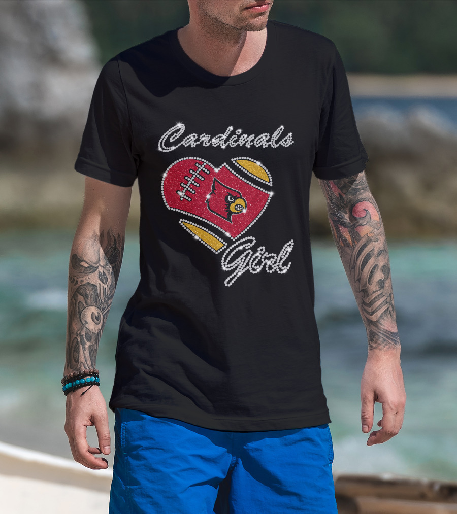 Cardinals Girl Louisville Football Heart Sparkle T-Shirt