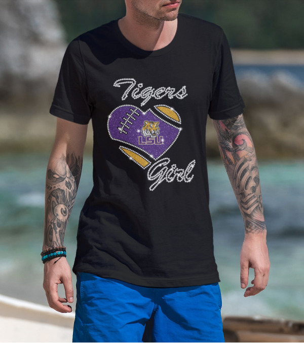 Tigers Girl Heart LSU Tigers Football Purple Gold T-Shirt