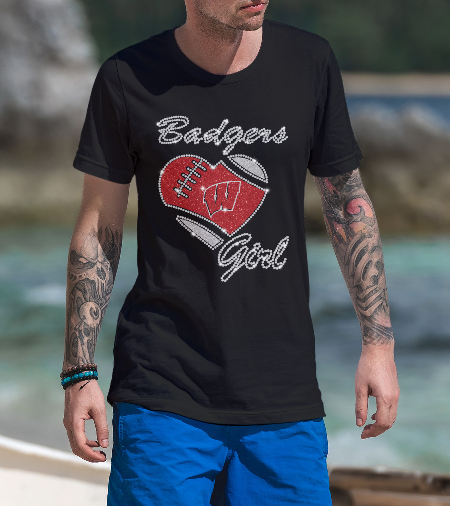 Badgers Girl Wisconsin Football Heart Rhinestone T-Shirt