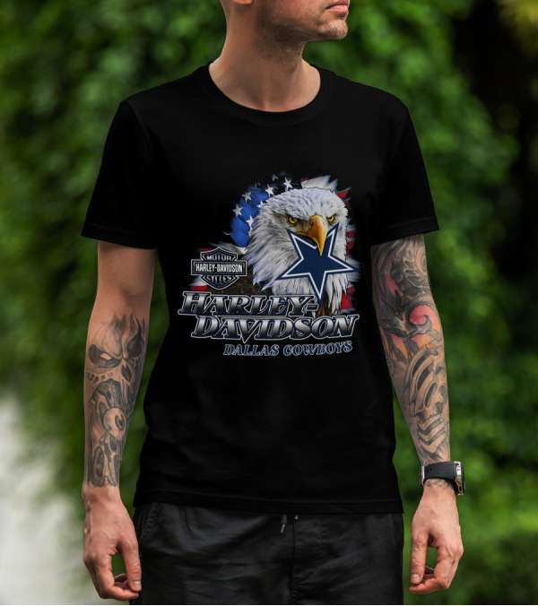 Harley Davidson Dallas Cowboys Motor Cycles Eagle Flag Star T-Shirt