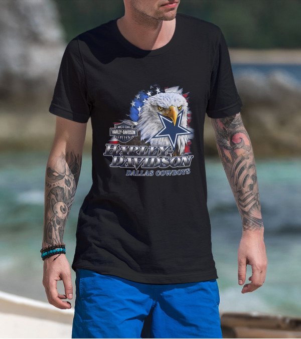 Harley Davidson Dallas Cowboys Motor Cycles Eagle Flag Star T-Shirt