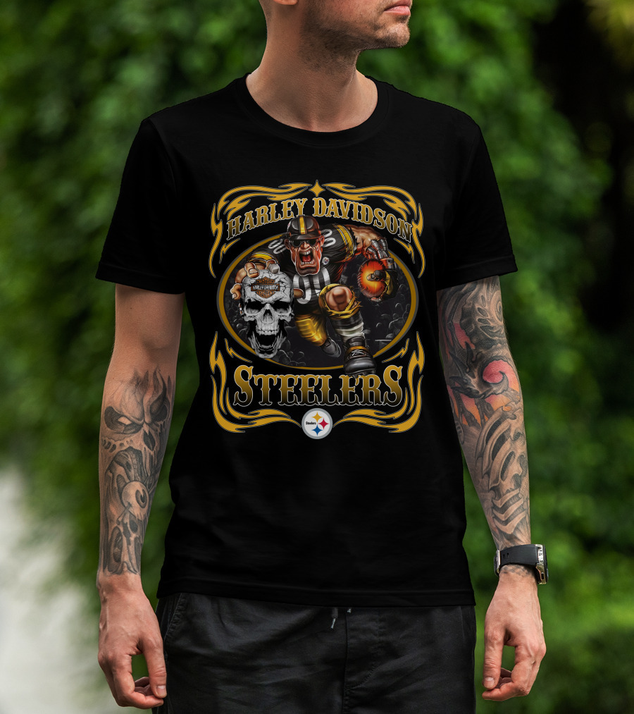 Harley Davidson Steelers Football Skull And Fireball Fantasy T-Shirt