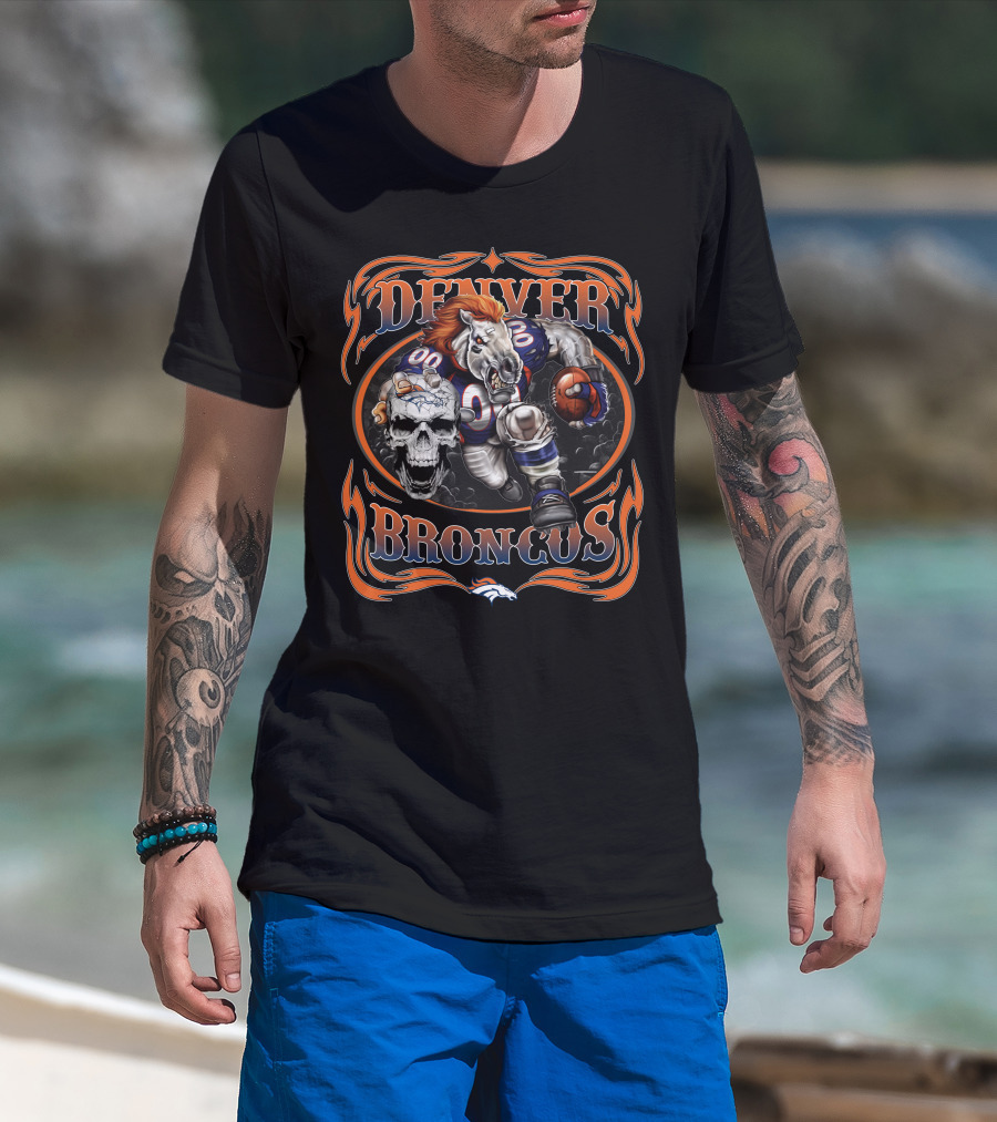 Denver Broncos Fierce Football Horse Skull Art T-Shirt