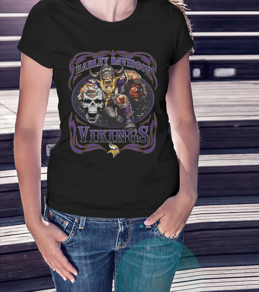 Harley Davidson Vikings Minnesota Football Skull T-Shirt