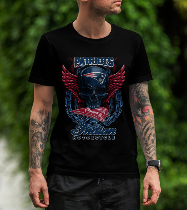 Patriots Skull With Indian Motorcycle Wings And Chains T-Shirt