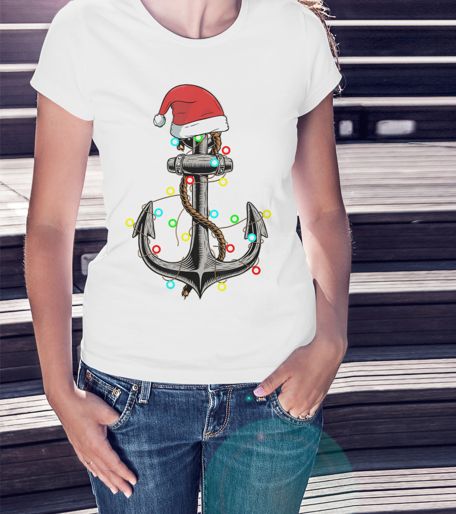 Christmas Lights Santa Hat Anchor Boating Sailing Funny Boat T-Shirt