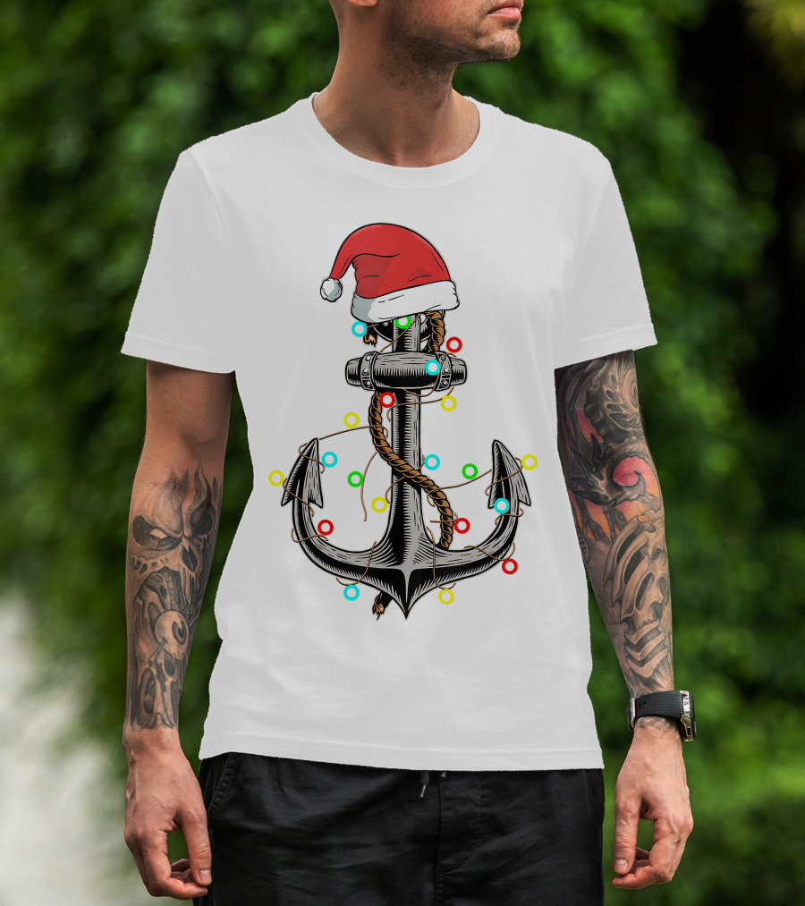 Christmas Lights Santa Hat Anchor Boating Sailing Funny Boat T-Shirt