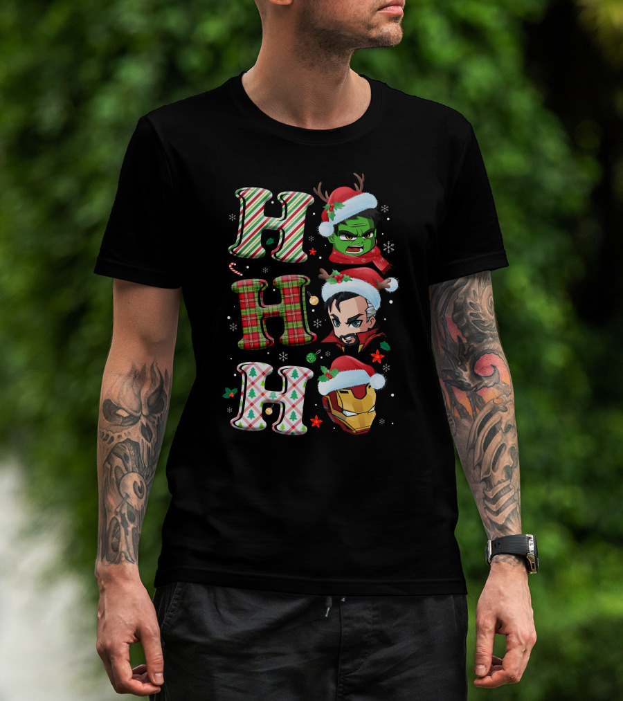 Ho Ho Ho Christmas Heroes Hulk Santa Hulk Ironman T-Shirt