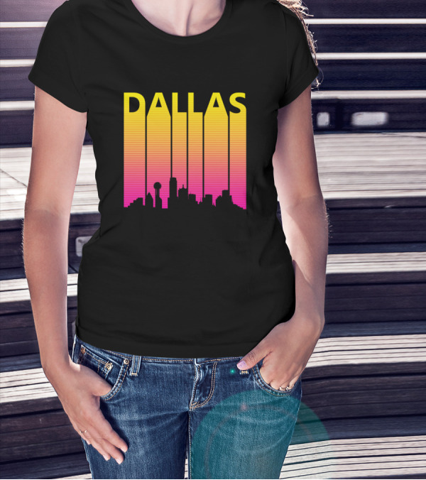 Dallas 1980s Retro Skyline Silhouette In Neon Gradient T-Shirt