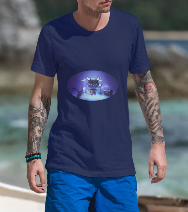 Cat Playing Guitar On Stage With Drums And Amps T-Shirt