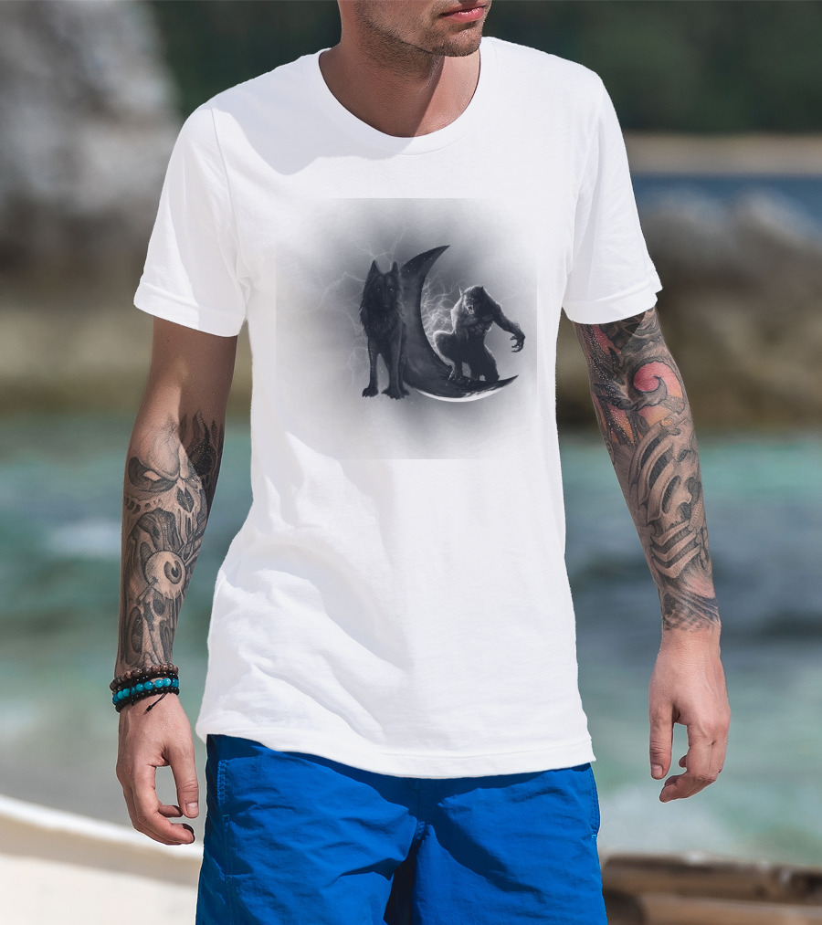 300219 Wolf And Werewolf On Crescent Moon With Lightning T-Shirt