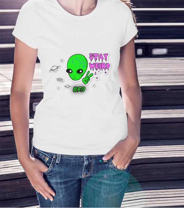 Stay Weird U.F.O. Alien Peace Sign Planet Stickers T-Shirt