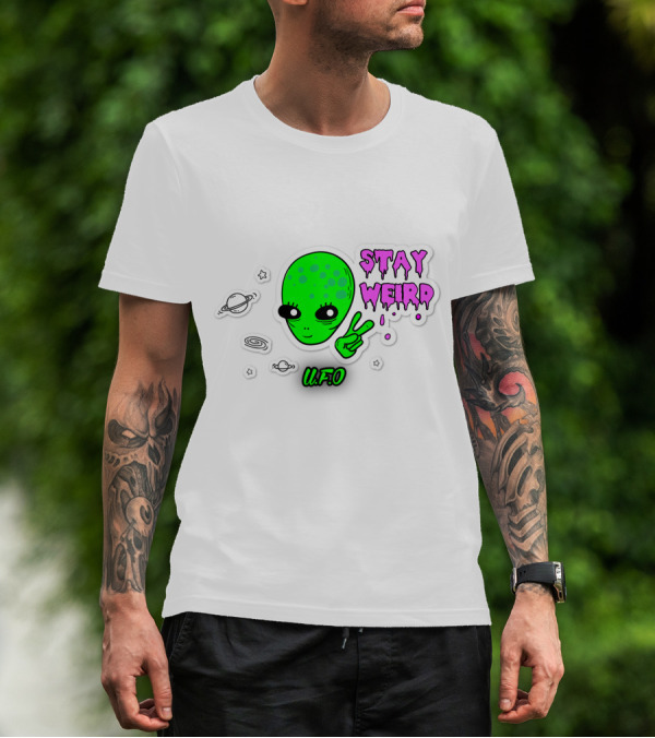 Stay Weird U.F.O. Alien Peace Sign Planet Stickers T-Shirt