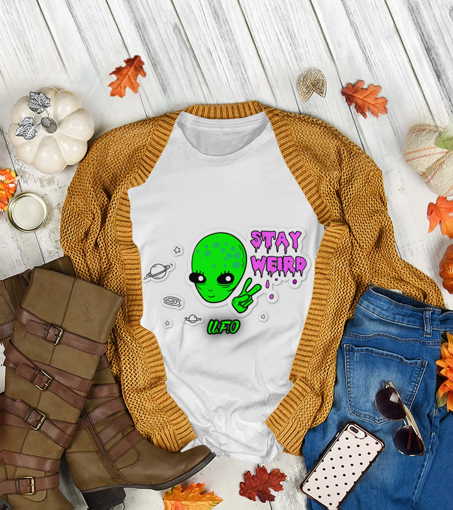 Stay Weird U.F.O. Alien Peace Sign Planet Stickers T-Shirt