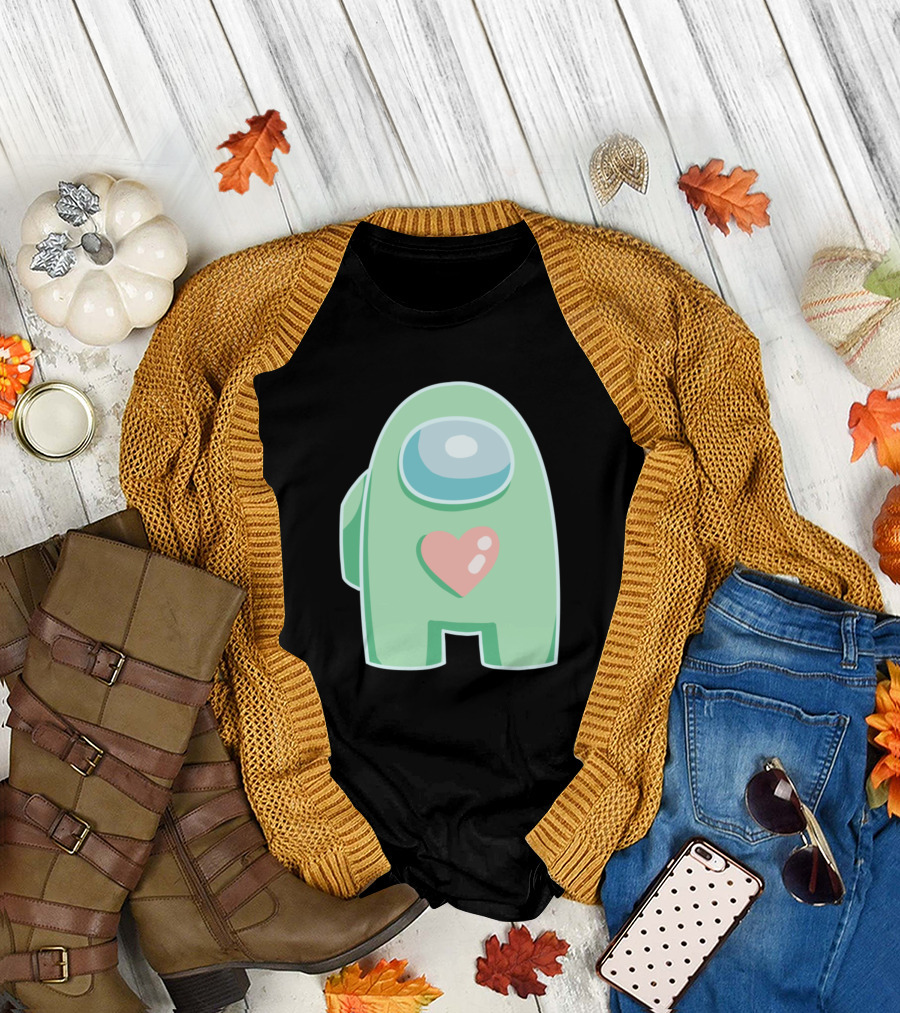 Green Among Us Crewmate with Heart T-Shirt