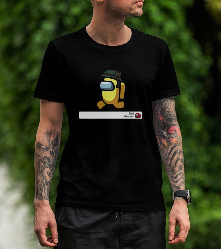 Among Us Yellow Sus Game Character With Helmet And Chat Text T-Shirt