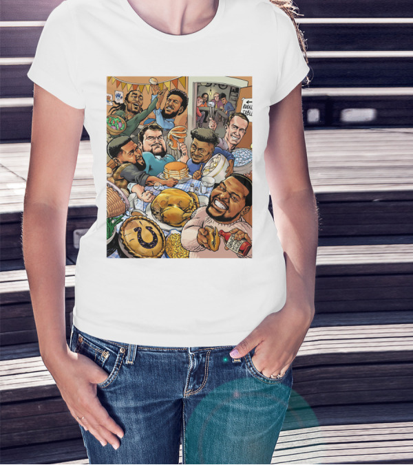 Indianapolis Colts Thanksgiving Feast Cartoon With NFL Players Celebrating T-Shirt