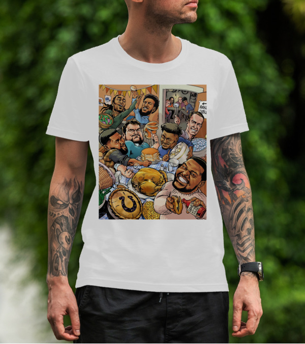 Indianapolis Colts Thanksgiving Feast Cartoon With NFL Players Celebrating T-Shirt