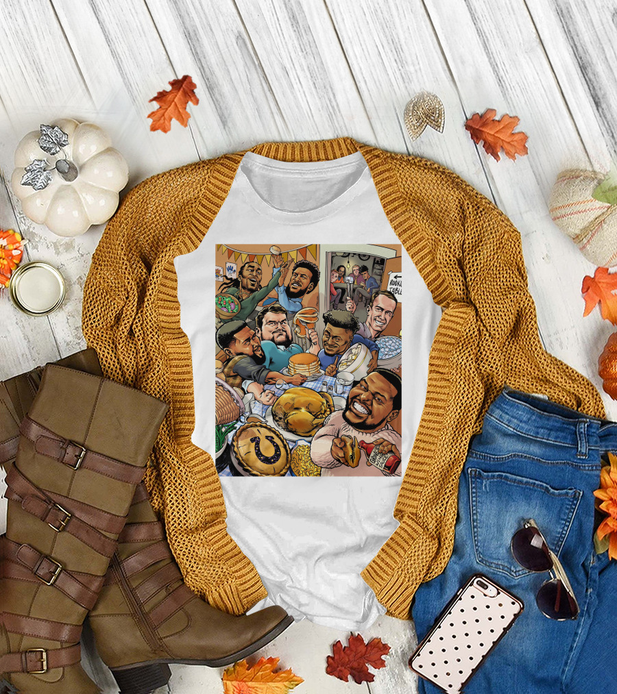 Indianapolis Colts Thanksgiving Feast Cartoon with NFL Players Celebrating T-Shirt