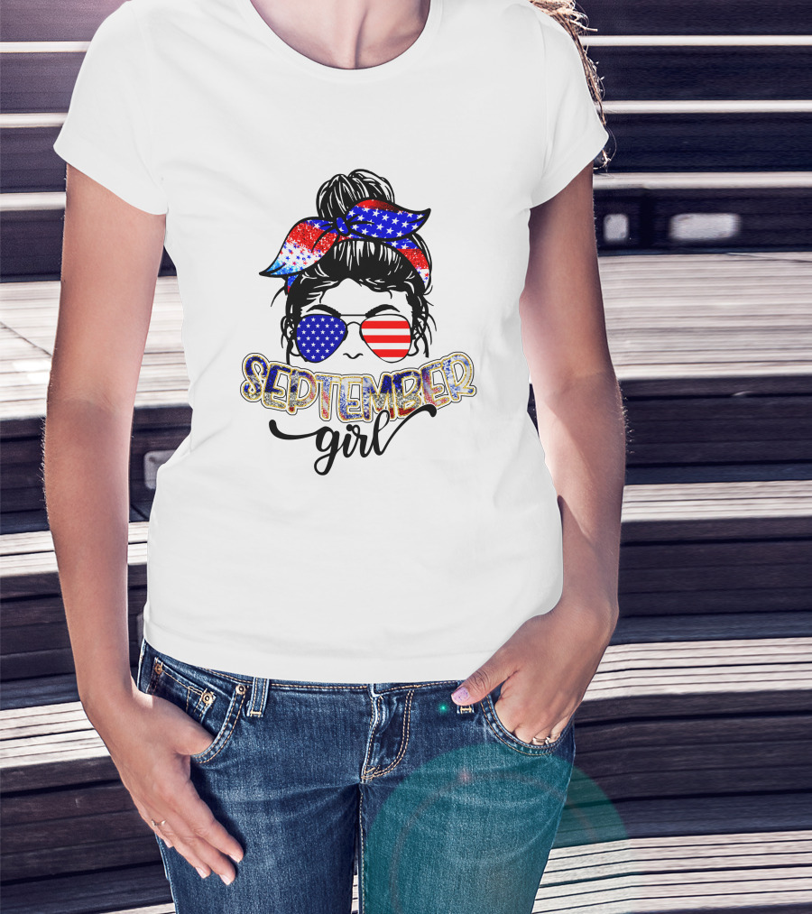 September Girl American Flag Bandana And Sunglasses T-Shirt