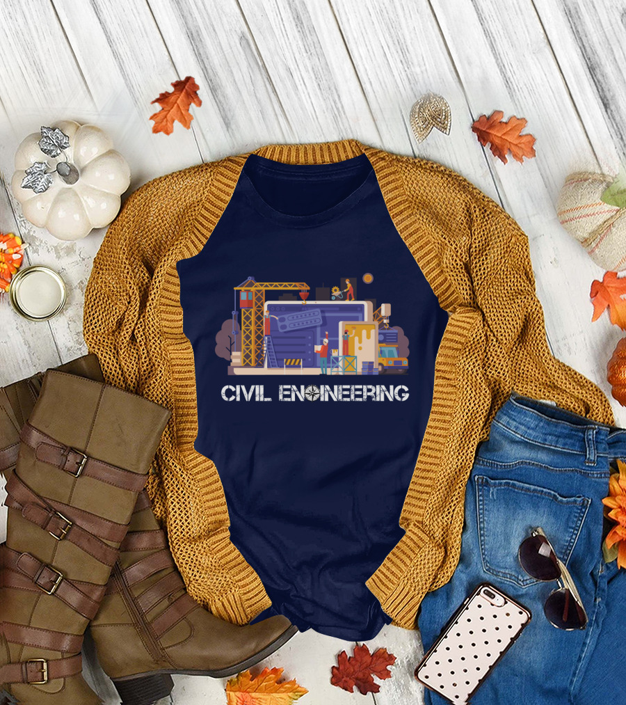 Civil Engineering Construction Scene with Crane and Workers T-Shirt