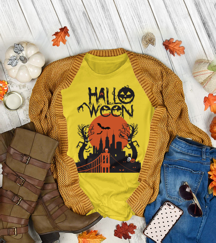 Halloween Cartoon City Skyline with Bats Jack-O'-Lanterns and Spooky Trees T-Shirt