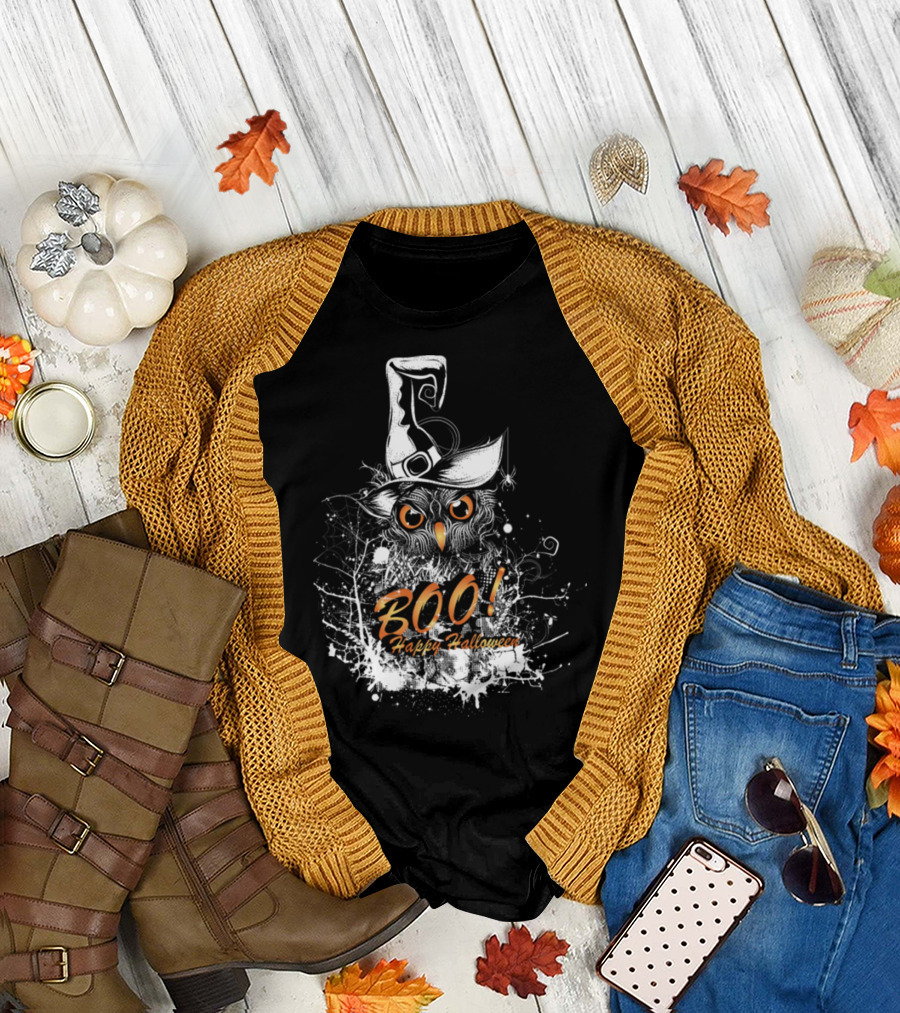 Boo Halloween Owl with Witch Hat Happy Halloween T-Shirt