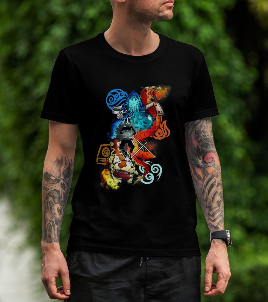 Avatar Bending Elements With Water, Earth, Fire, Air Symbols And Creatures 4828 T-Shirt