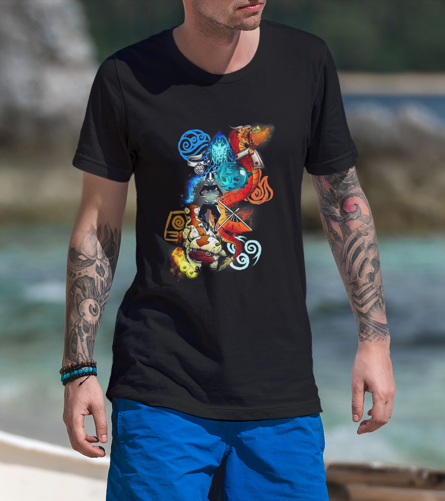 Avatar Bending Elements With Water, Earth, Fire, Air Symbols And Creatures 4828 T-Shirt