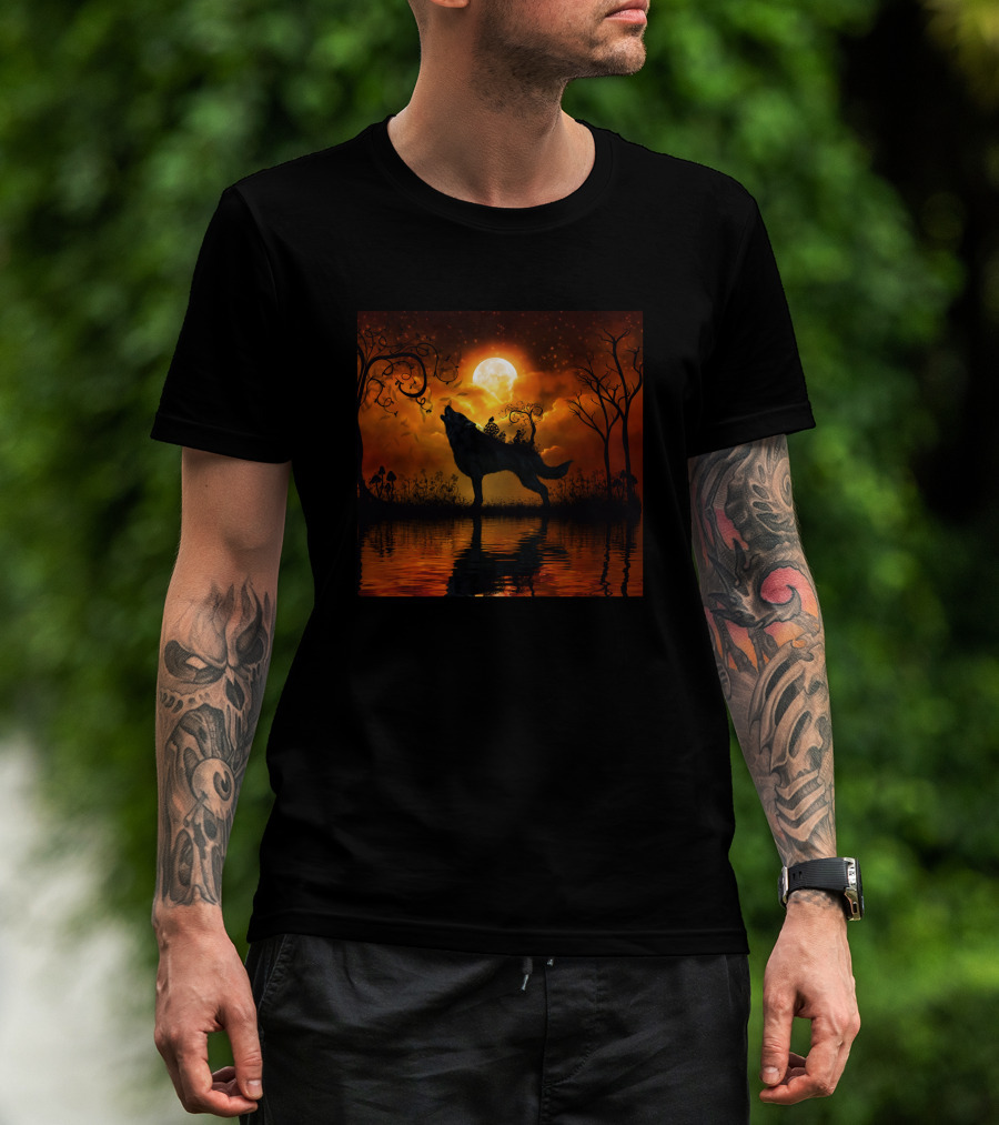 Awesome Wolf Silhouette Under Full Moon Reflection Mystical Forest 1541209 T-Shirt