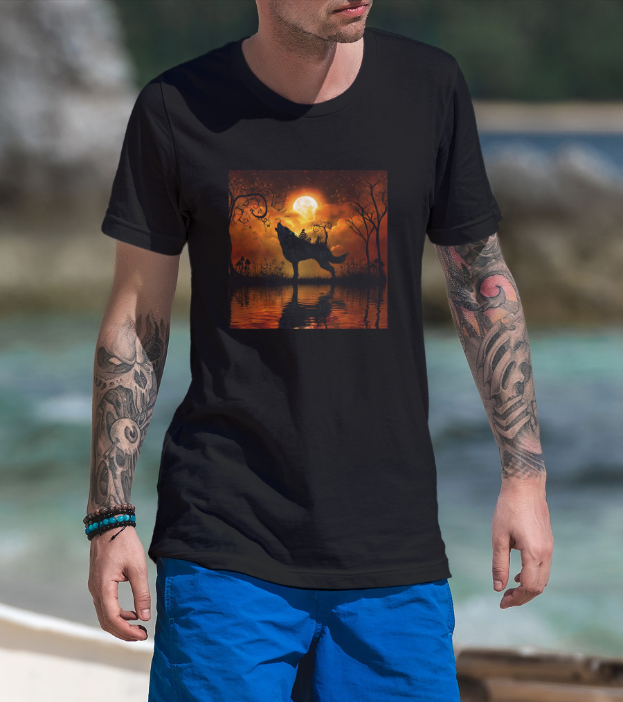 Awesome Wolf Silhouette Under Full Moon Reflection Mystical Forest 1541209 T-Shirt