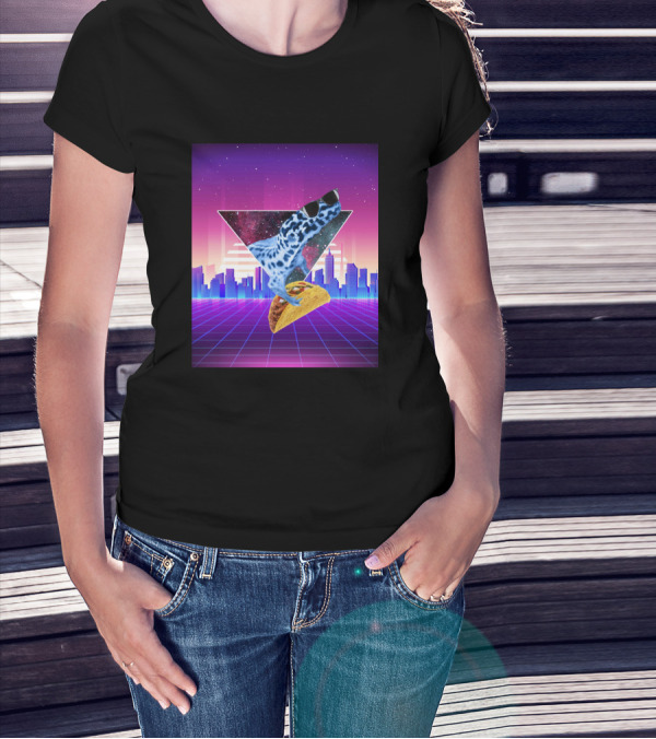 Aesthetic Synthwave Leopard Gecko Taco In Retro Urban Skyline T-Shirt