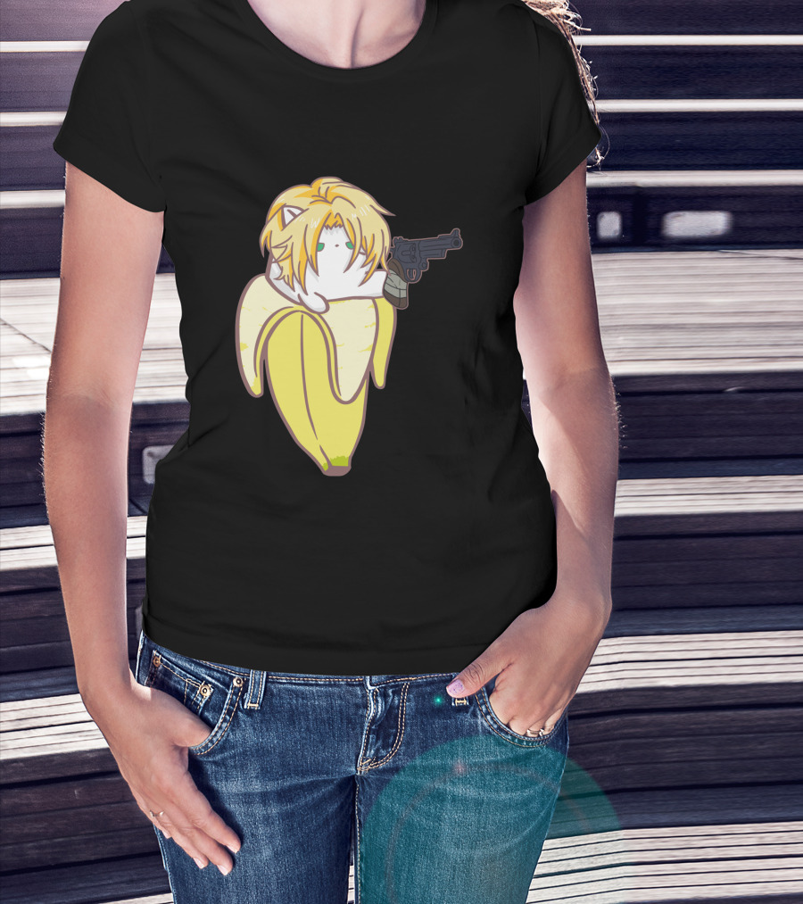 Bananya Fish 990217 Cat In Banana Costume With Toy Gun Anime T-Shirt