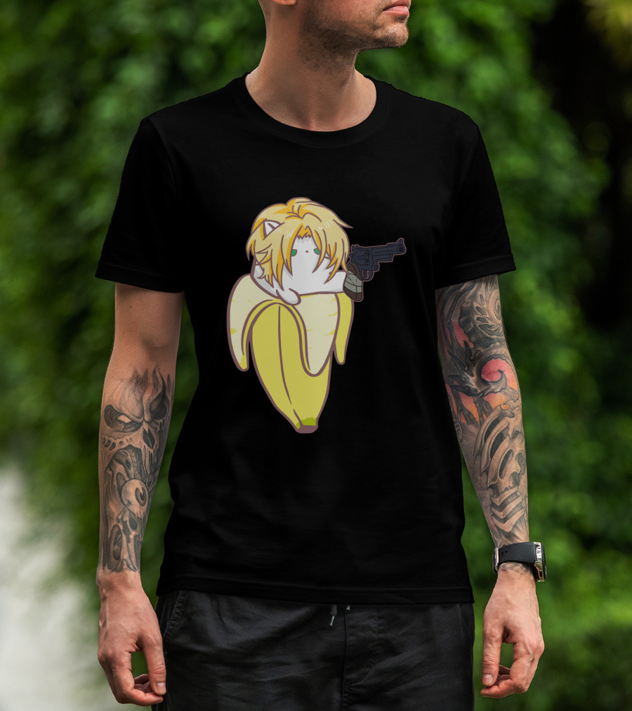 Bananya Fish 990217 Cat In Banana Costume With Toy Gun Anime T-Shirt