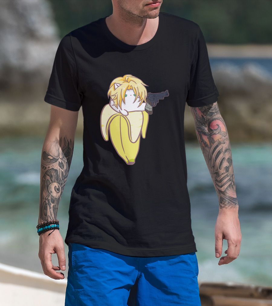 Bananya Fish 990217 Cat In Banana Costume With Toy Gun Anime T-Shirt